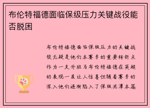 布伦特福德面临保级压力关键战役能否脱困